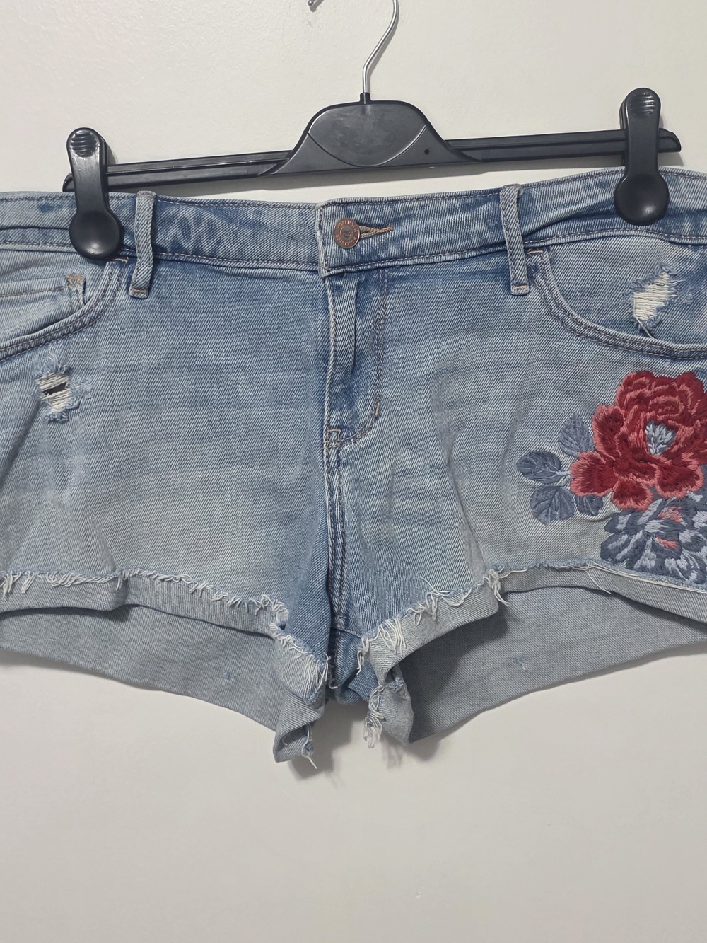 Hollister Light Blue Denim Shorts with Red Floral Embroidery